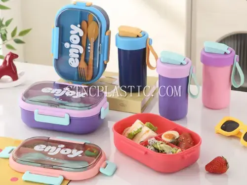 Plastic 3-Grid Lunch Box With Spoon&Fork 1000ml+water Bottle Set 480ml NC035507 plastic houseware product photograph
