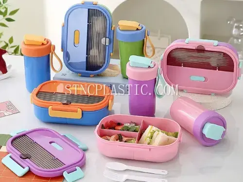 Plastic 3-Grid Lunch Box With Spoon&Fork 1000ml+water Bottle Set 480ml NC035509 plastic houseware product photograph
