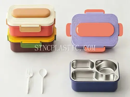 Stainless Steel Rectangular 3-Grid Lunch Box With Spoon&Fork NC035510 plastic houseware product photograph