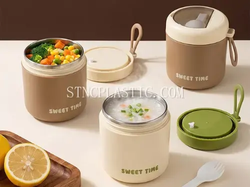 304 Stainless Steel Round Handheld Soup Cup Wiht Foldable Spoon 530ml NC035516 plastic houseware product photograph