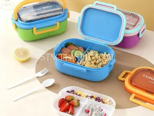 Plastic 3-Grid Flip Lid Lunch Box With Spoon+fork 1.2L NC035518 plastic houseware product photograph
