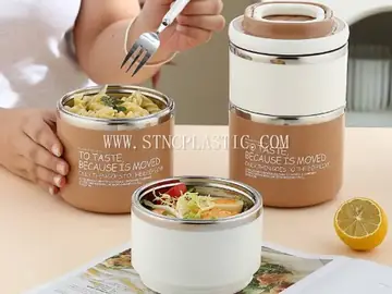 304SS Dual Layers Round Lunch Box With Folding Handle 1060ml NC034013