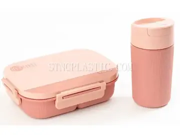 Lunch Box&Coffee Cup Set (1100ml+380ml) Rectangular Plastic Single Layer 3-Grid Lunch Box Wi NC035288