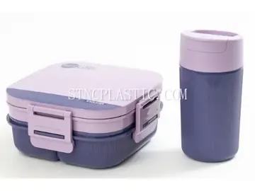 Lunch Box & Coffee Cup Set (1700ml+380ml) Square Plastic 2-Layer 6-Grid Lunch Box With Spoon NC035291