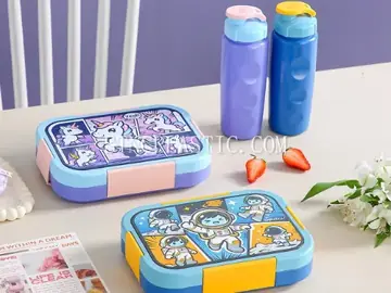 Lunch Box+water Bottle Set 980ml+540ml Plastic Cartoon Pattern 3-Grid Lunch Box With Spoon NC035305