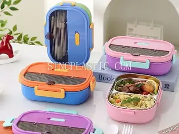 304 Stainless Steel 3 Compartments Bento Box With Fork & Spoon 800ml NC035505