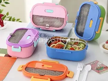 304 Stainless Steel 3 Compartments Bento Box With Fork & Spoon 1000ml NC035506
