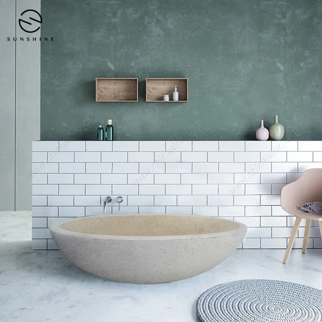 Light Beige Galala Marble Oval Natural Stone Bathtub image 4