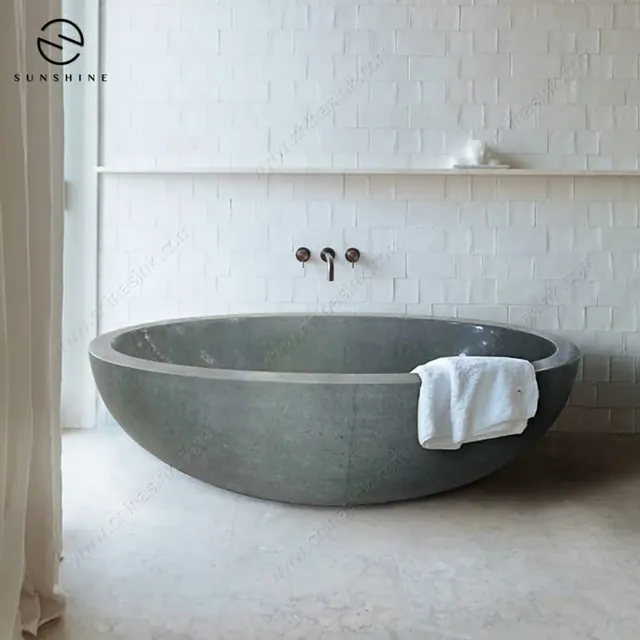 Light Green Boulder Stone Freestanding Oval Soaking Bathtub BT-003A-GRBO natural stone bathtub