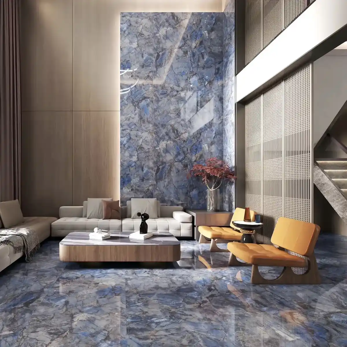 Blue marble floor and wall surfaces in a living space