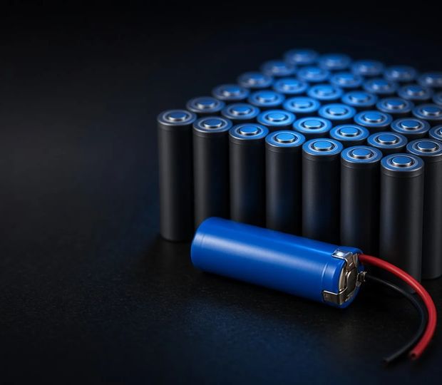 Rows of cylindrical lithium cells on a dark background