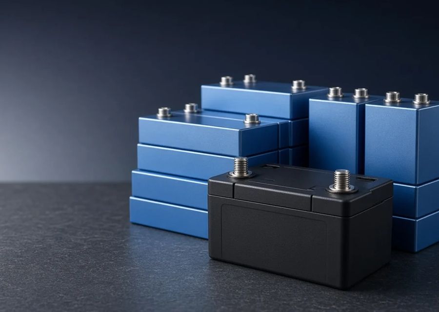 Group of blue LiFePO4 battery packs with a black pack in front