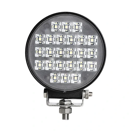 Side view of the round LED work light showing the 360 degree adjustable mounting bracket
