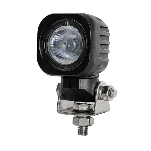Front view of the square LED light showing the die-cast aluminium housing and polycarbonate lens