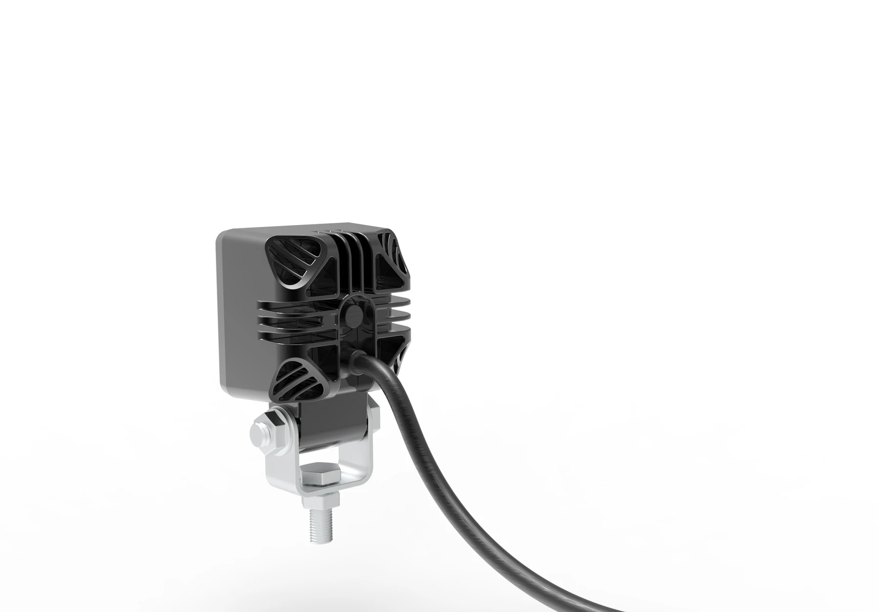 Side view of the bezel-less work light showing the 360 degree adjustable bottom bracket and sealed cable entry