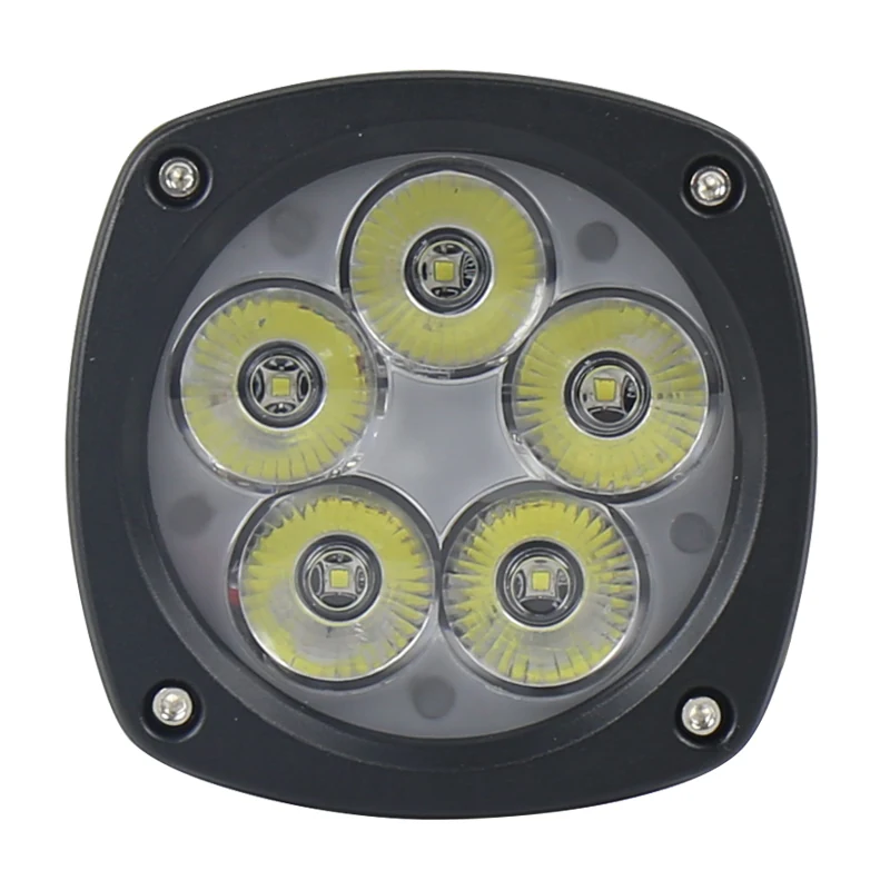 Front view of the LED work light showing the five CREE LED array and spot beam pattern