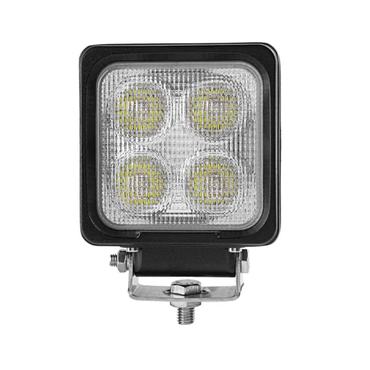Rear view of the square LED work lamp showing the die-cast aluminium heat sink fins and IP68 sealed cable entry