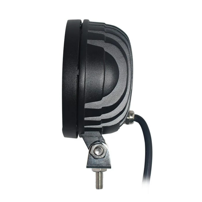 Side view of the COB LED work light showing the die-cast aluminium heat sink and 360 degree adjustable bracket