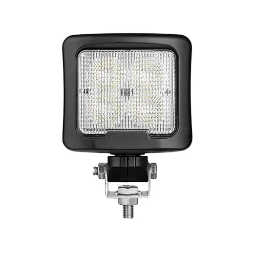 Rear view of the square LED work light showing the die-cast aluminium heat sink fins and sealed cable entry