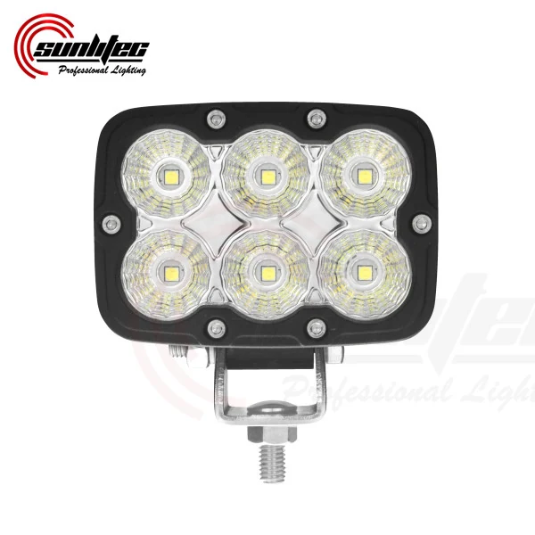 Side view of the square LED work light showing the 360 degree adjustable bottom bracket and die-cast aluminium housing