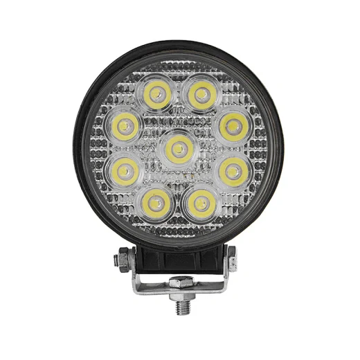 Rear view of the round LED work light showing the die-cast aluminium heat sink fins and sealed cable entry