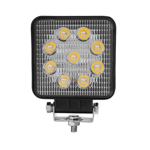 Rear view of the square LED work lamp showing the die-cast aluminium heat sink fins and sealed cable entry