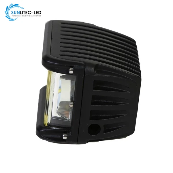 Side view of the 4 inch LED work light bar showing the die-cast aluminium heat sink fins and 360 degree adjustable bracket