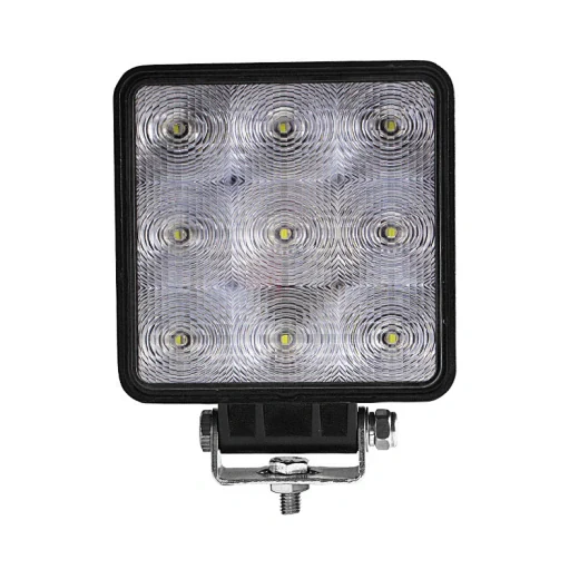 Rear view of the square LED work light showing the die-cast aluminium heat sink fins and sealed cable entry