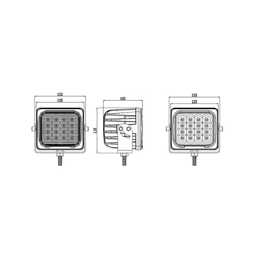 Side view of the work light with 360 degree adjustable bottom bracket and cable entry point
