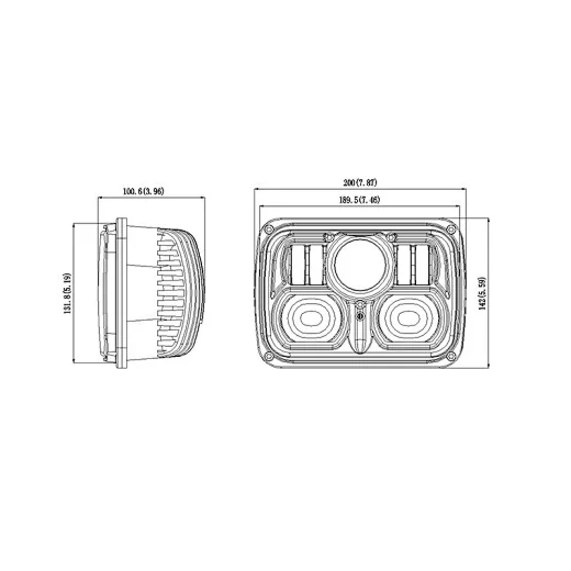 Side view of the flush mount headlight with the 5x7 inch rectangular housing and sealed cable entry