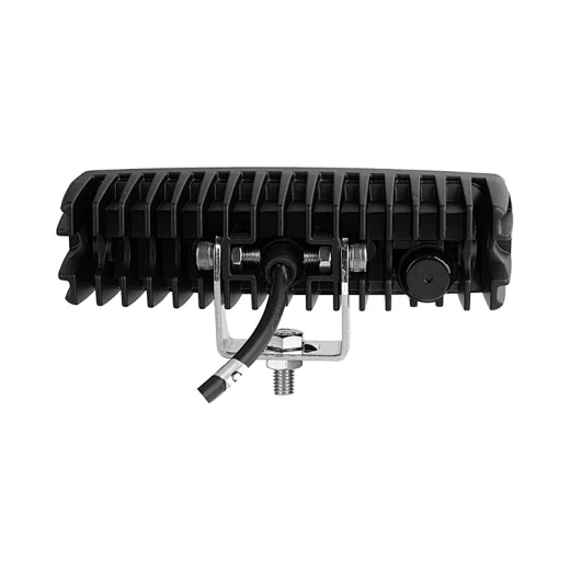 Rear view of the square LED work light showing the die-cast aluminium heat sink fins and IP68 sealed cable entry