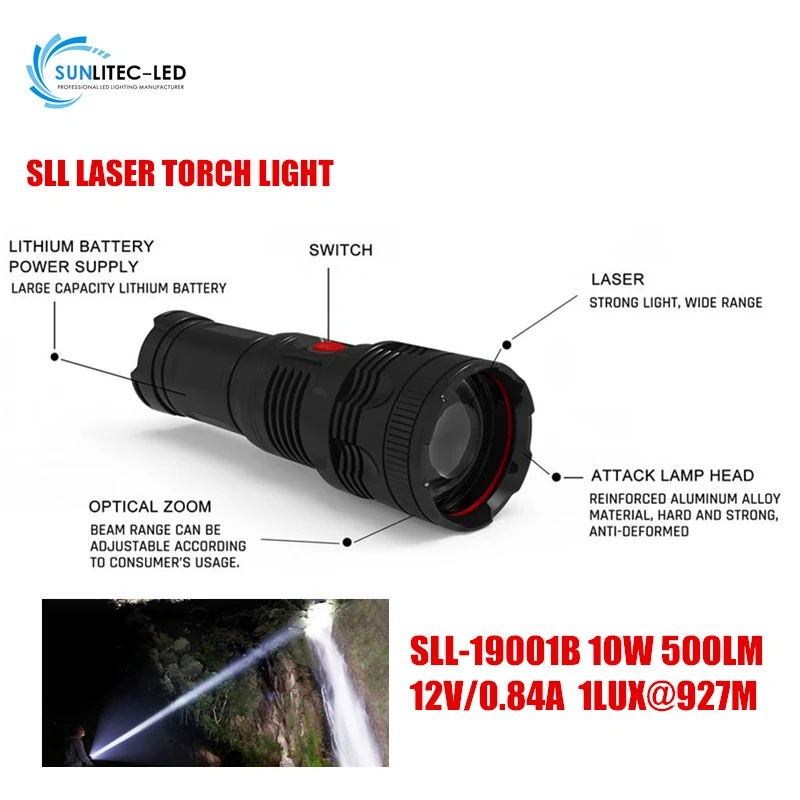 SUNLITEC SLL-19001B 60mm diameter laser LED torch light with die-cast aluminium housing and 360 degree adjustable bracket