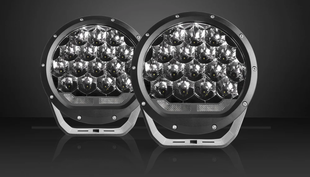 Front view of the LED driving light showing the Osram CROP-SH LED array and anti-scratch PC lens
