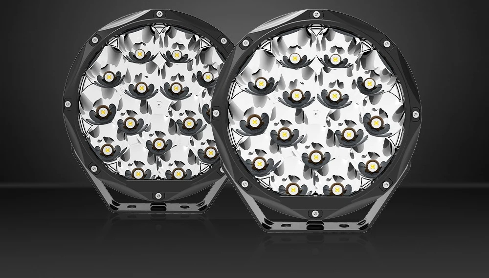 Pair of octagonal LED work lights with multiple reflectors and central diodes