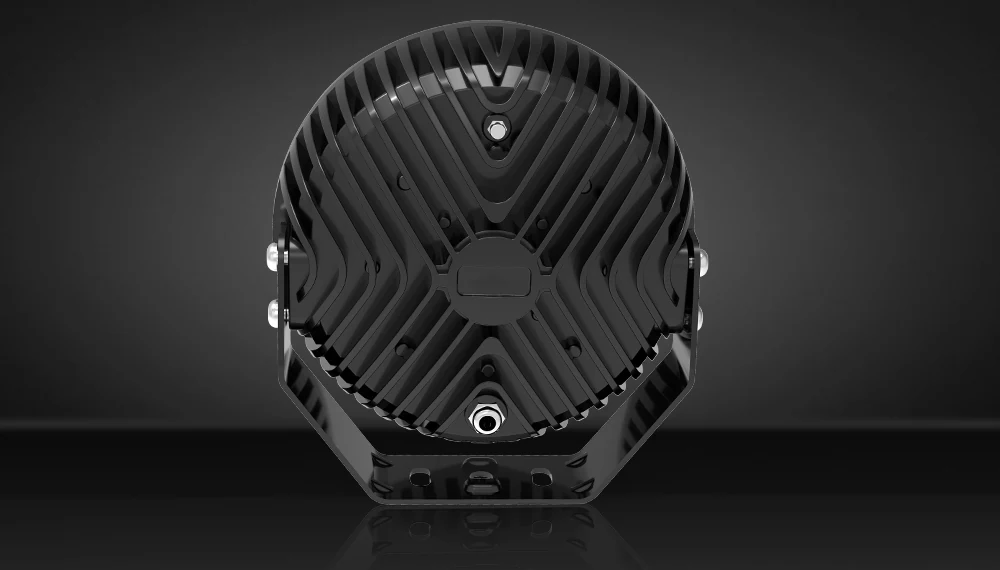 Side view of the driving light highlighting the 8.5 inch diameter and sealed cable entry