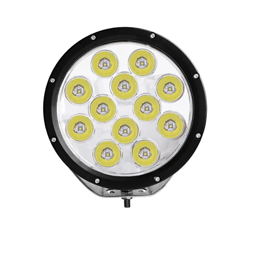Side view of the 9 inch LED driving light showing the 360 degree adjustable bracket and 50mm mounting width