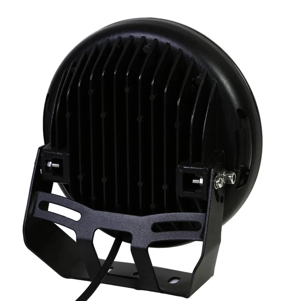 Rear view of the round LED driving light showing the die-cast aluminium heat sink fins and IP69K sealed cable entry