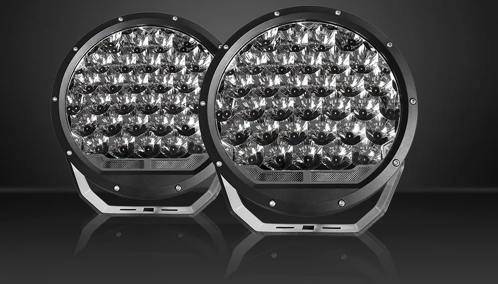 Front view of the 9 inch LED driving light showing the Osram CROP-SH LED array and anti-scratch PC lens