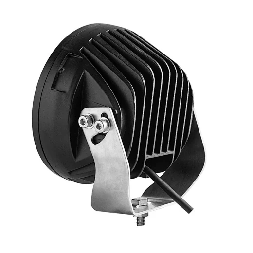 Front view of the round LED driving light showing the die-cast aluminium housing and polycarbonate lens