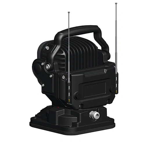 Side view of the search light showing the 370 degree rotation and 135 degree tilt mechanism