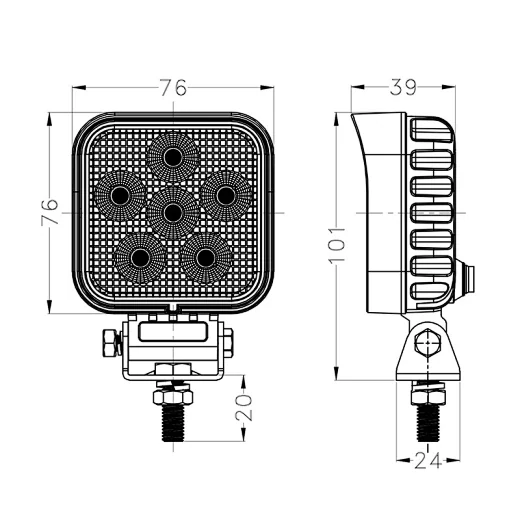 Dimensional drawing of the 76 by 76 by 68 mm square work lamp housing