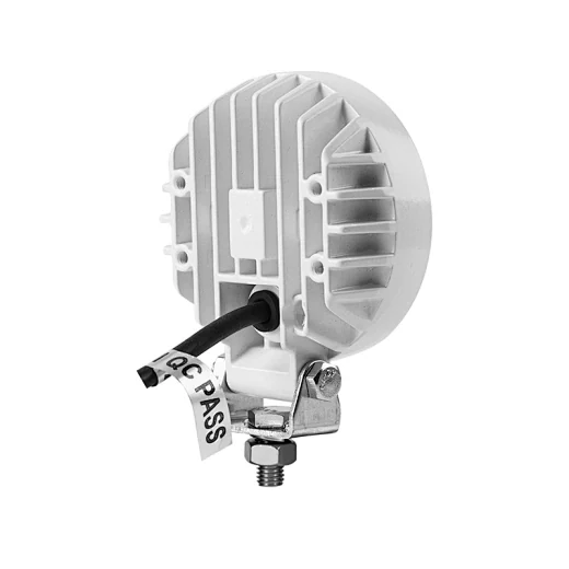 Rear view of the round LED work light showing the die-cast aluminium heat sink fins
