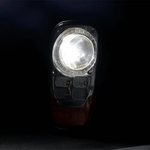 Front view of the LED headlight showing the high beam, low beam, and DRL LEDs in operation