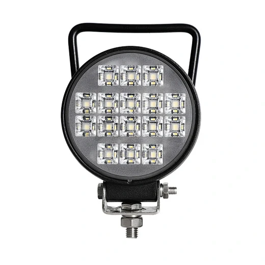 Front view of the round LED work light showing the 16 Osram LED array and wide flood beam pattern