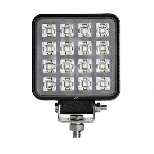 Rear view of the square LED work light showing the die-cast aluminium heat sink fins and sealed cable entry