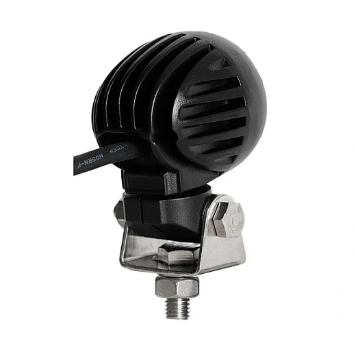 Side view of the LED work light showing the die-cast aluminium housing and polycarbonate lens