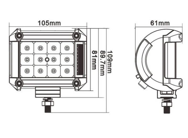 Side view of the work light showing the 360 degree adjustable bracket and cable entry