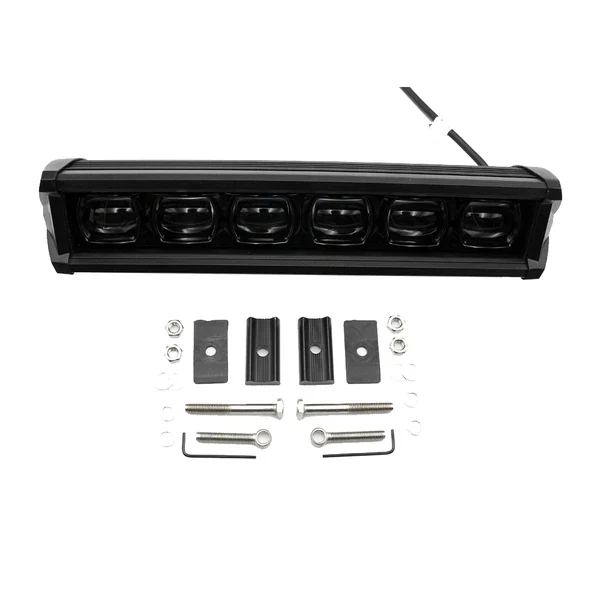 A black LED light bar with six lamps and a full set of mounting hardware, including brackets and bolts, displayed on a white background.