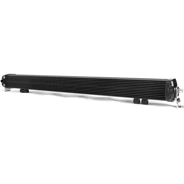 Long black finned industrial oil cooler radiator with mounting brackets on white background