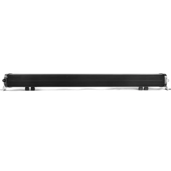 Front view of a long, black industrial oil cooler with finned core and silver end tanks.
